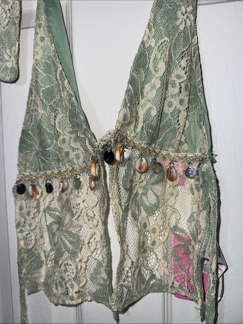 Edikted Sage Green and Cream Lace Backless Halter Dress with Shell Trim